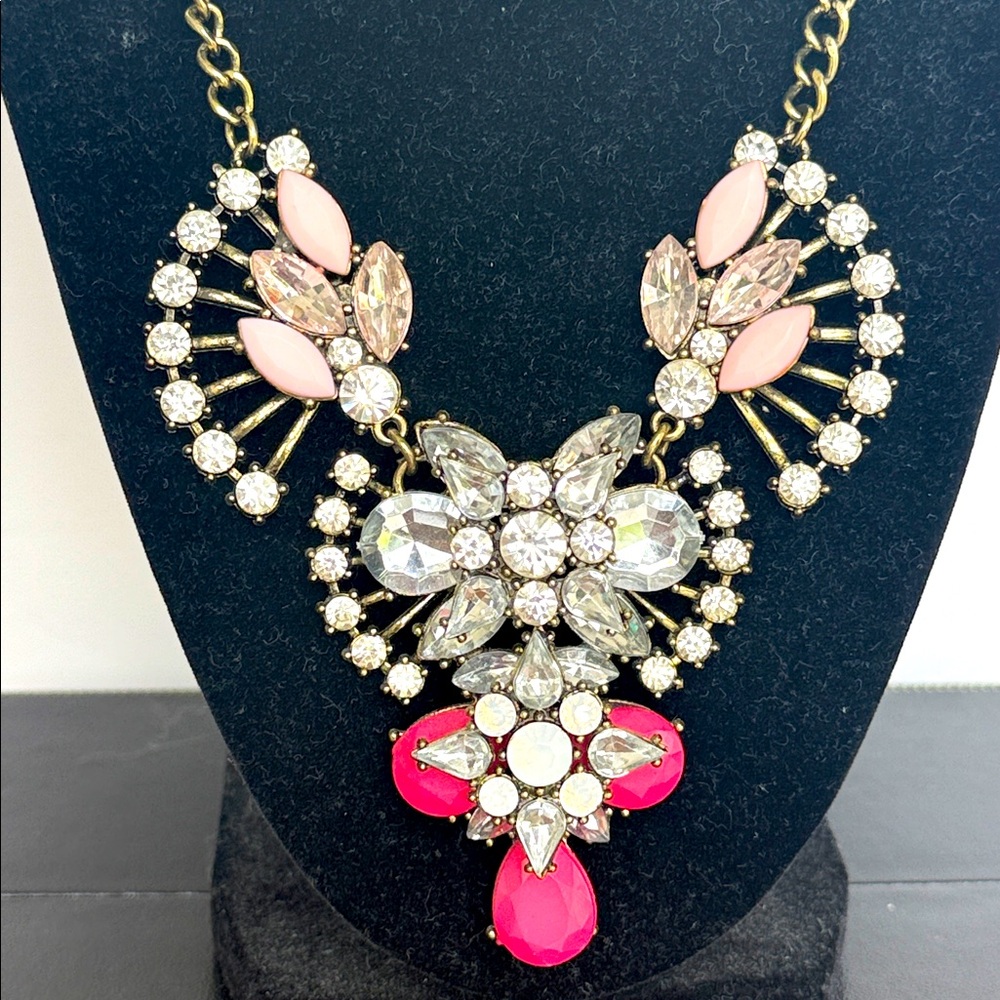 Geometric Crystal Statement Necklace w/ Fuchsia, Pale Pink, & Opal Like Stones.